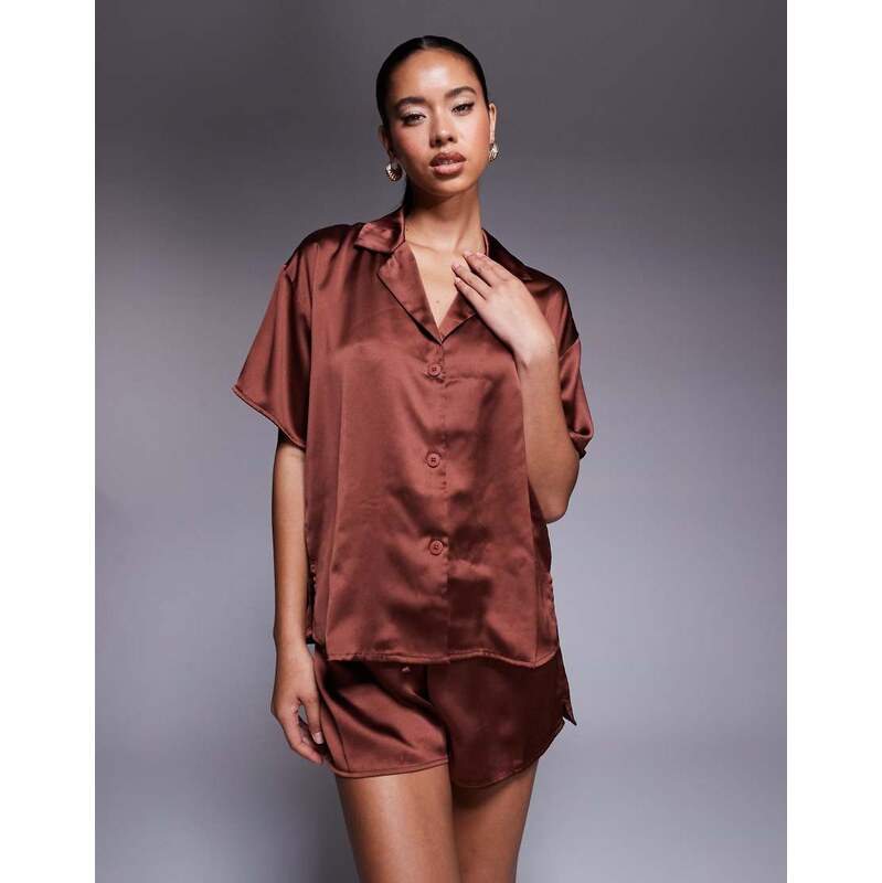 ASOS DESIGN satin short sleeve shirt co-ord in brown