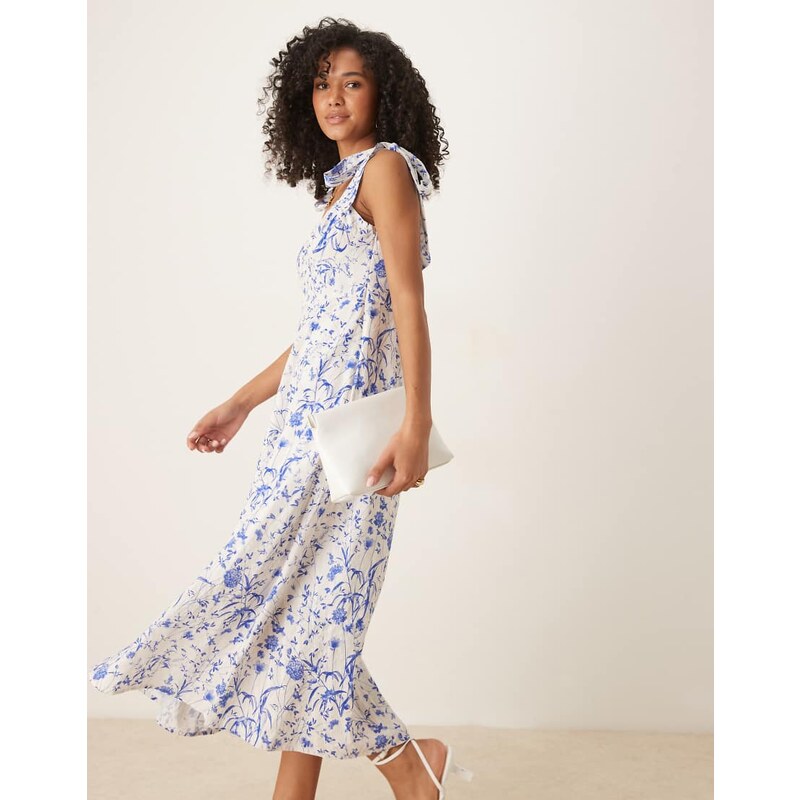 YAS tie shoulder floral midi dress in blue and white 106838246