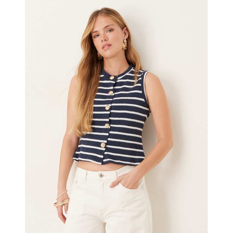 ASOS DESIGN jersey knit waistcoat with shell button detail in navy 106838278