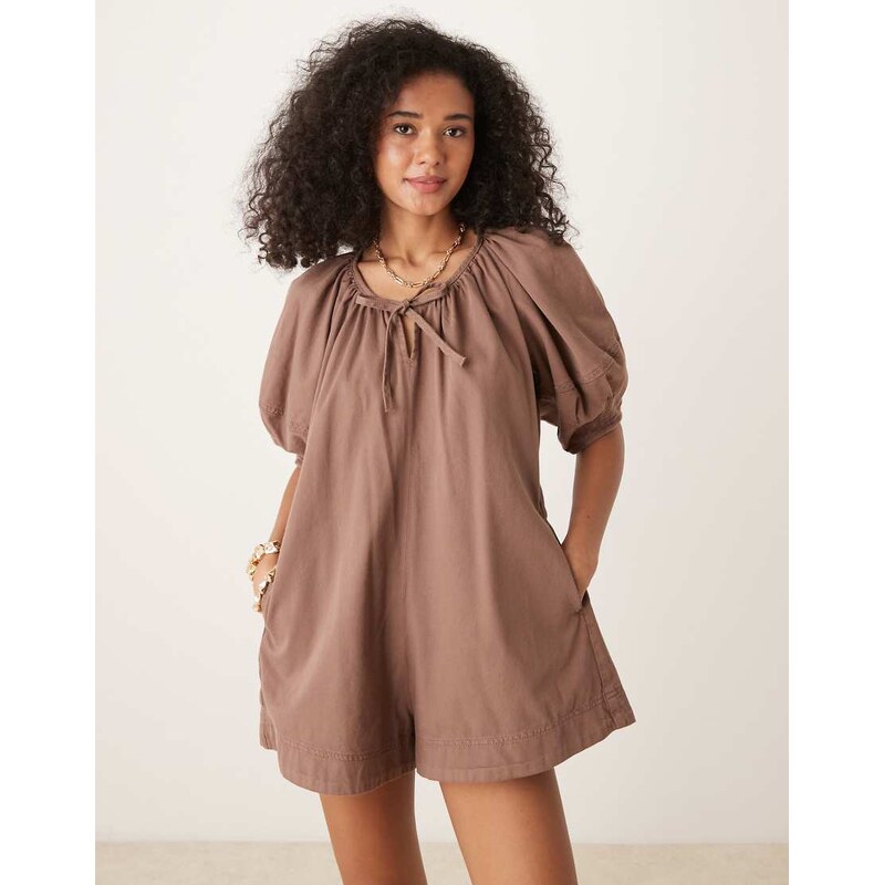 ASOS DESIGN soft denim playsuit with balloon sleeves in mocha