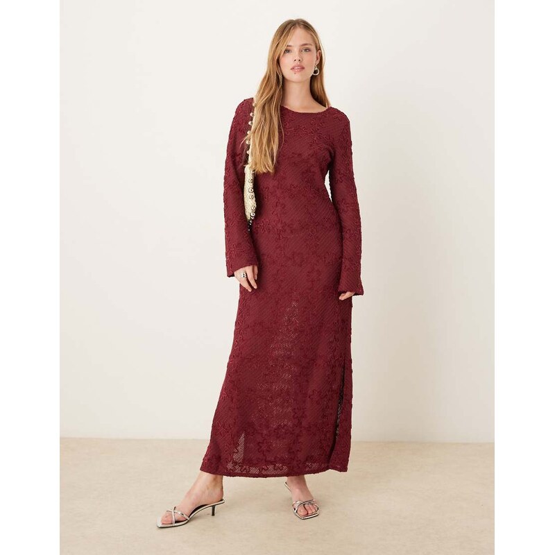 Ghospell long sleeve crochet midaxi dress in burgundy-Red 115743814