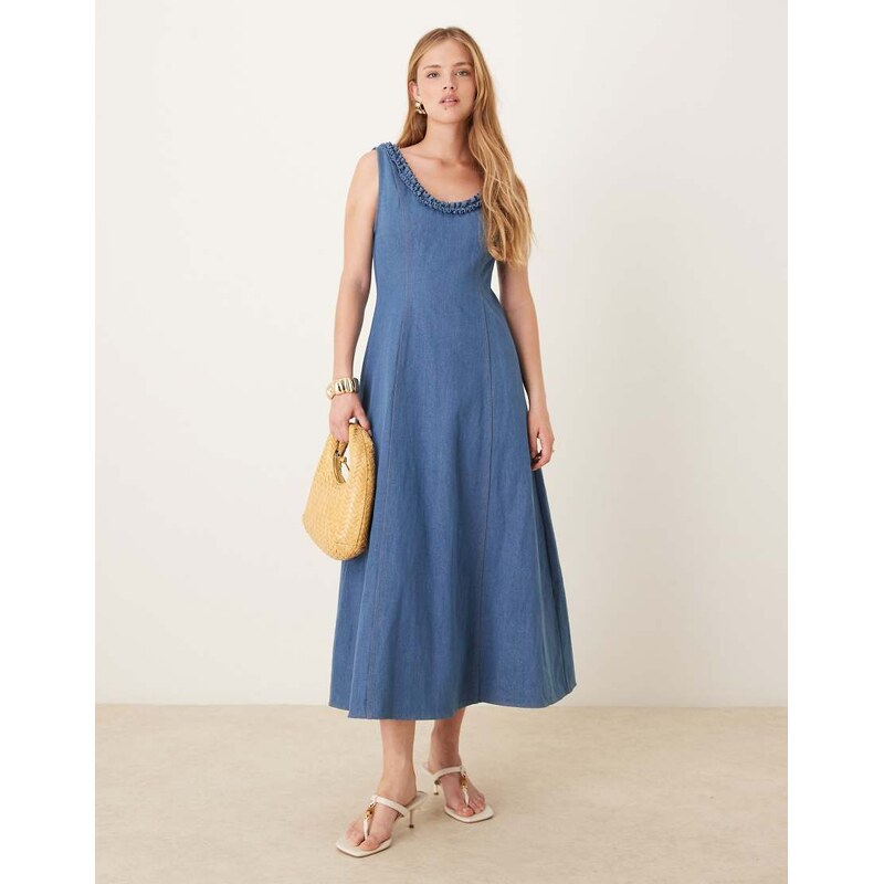 Ghospell denim ruffle midaxi dress in blue 106852902