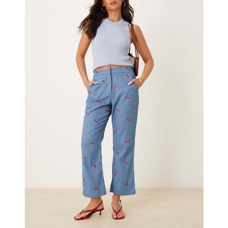 Sister Jane cherry embellished high waisted flare jeans in denim blue 106838326