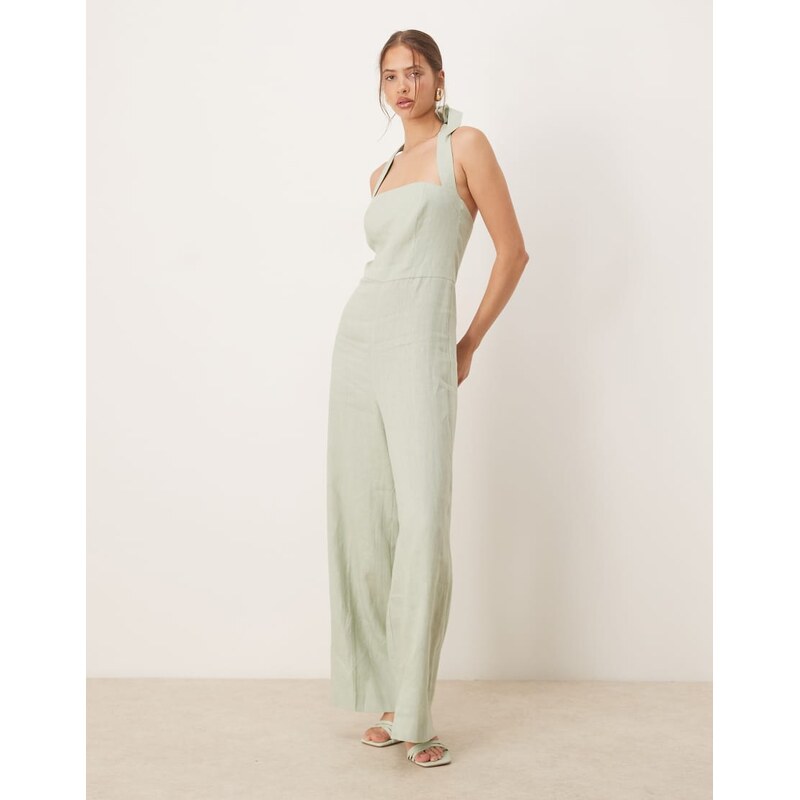 Mango square neck halter pleat front jumpsuit in sage green