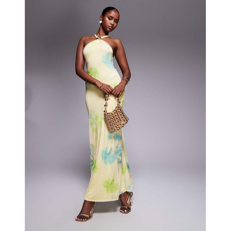 ASOS DESIGN mesh trimmed halterneck maxi dress with twisted back