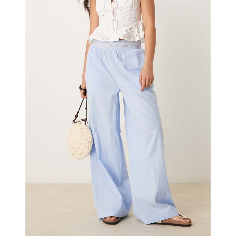 ASOS DESIGN linen blend pull on wide leg trousers with shirred 110923071