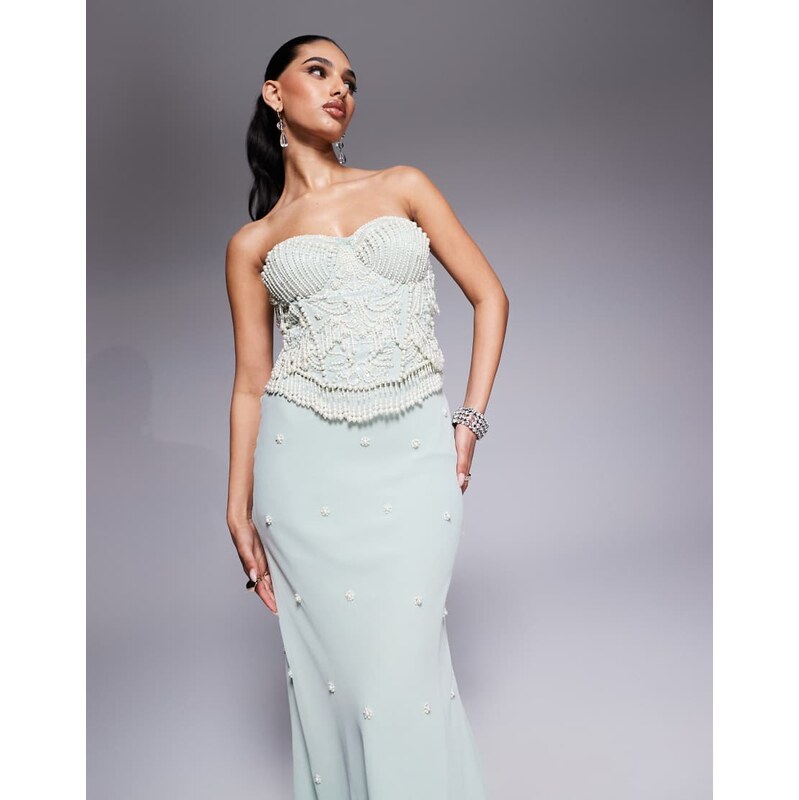 ASOS DESIGN bias midi bandeau dress with pearl beading in sage