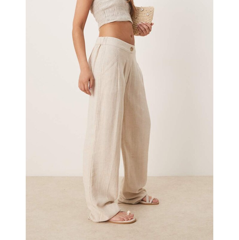 ASOS DESIGN pleat front tapered trousers with linen in stone-Neutral 106842549