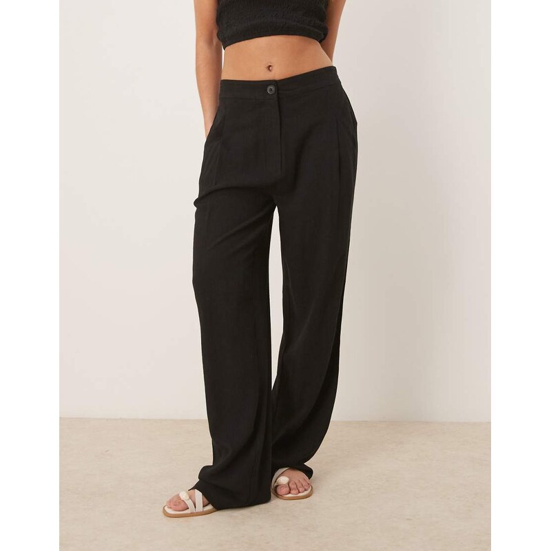 ASOS DESIGN pleat front tapered trousers with linen in black