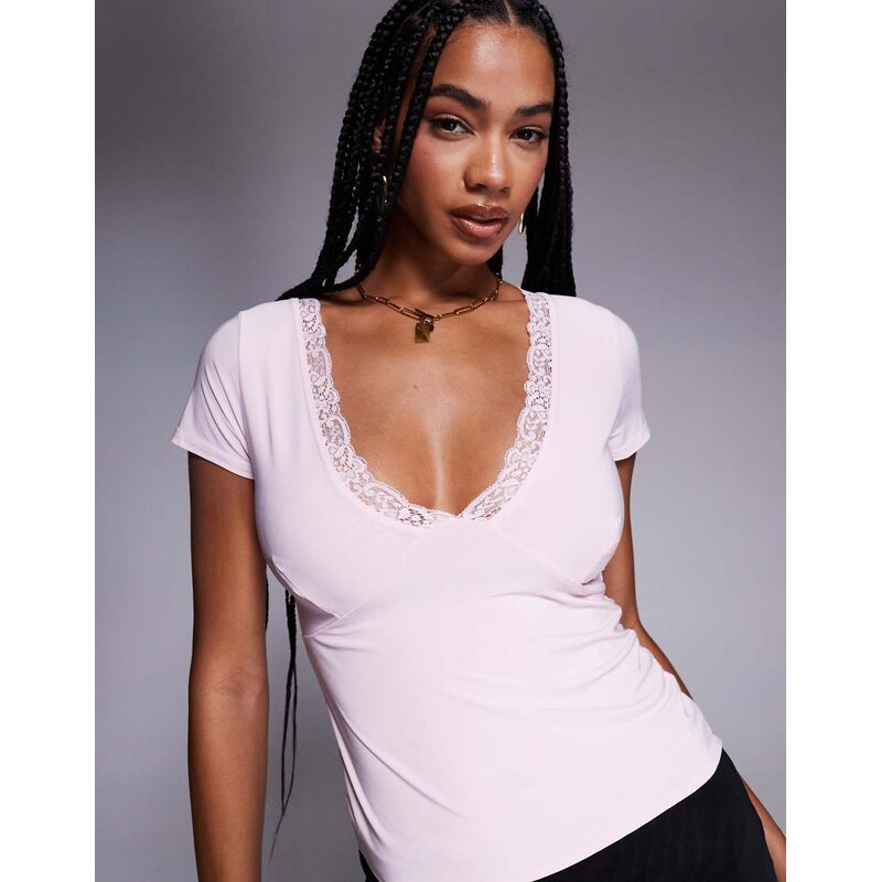 Fashionkilla double layered slinky plunge lace trim t-shirt in pink 115743807