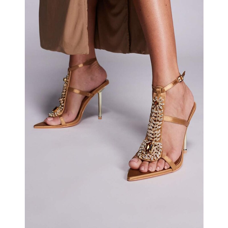 Azalea Wang Wyatt caged embellished high heeled sandal in brown 106842521