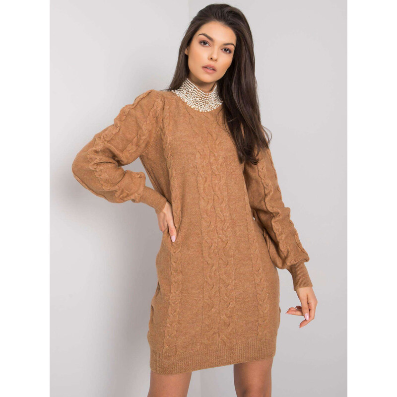 RUE PARIS Hnědé dámské pletené mini šaty -camel Béžová