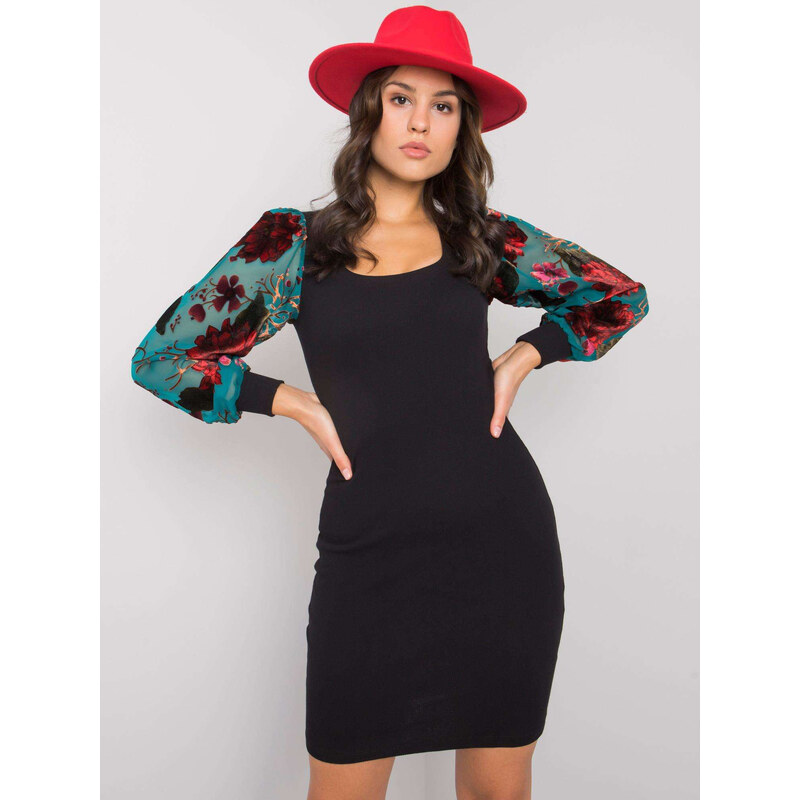 RUE PARIS Černé mini šaty Elyssa se vzorovanými rukávy -black Černá 71800930
