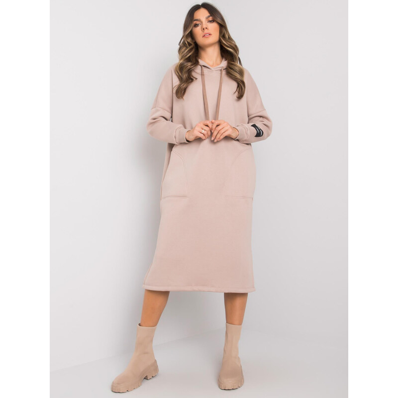 RUE PARIS Béžové dámské dlouhé mikinové šaty s kapucí -beige
