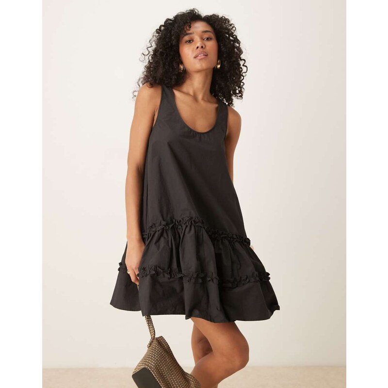 Ghospell scoop neck tiered ruffle mini dress in black 106842610
