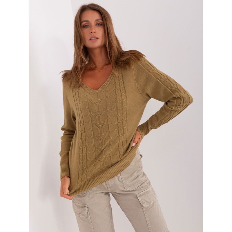 ITALY MODA Khaki svetr s copánkovým vzorem -olive