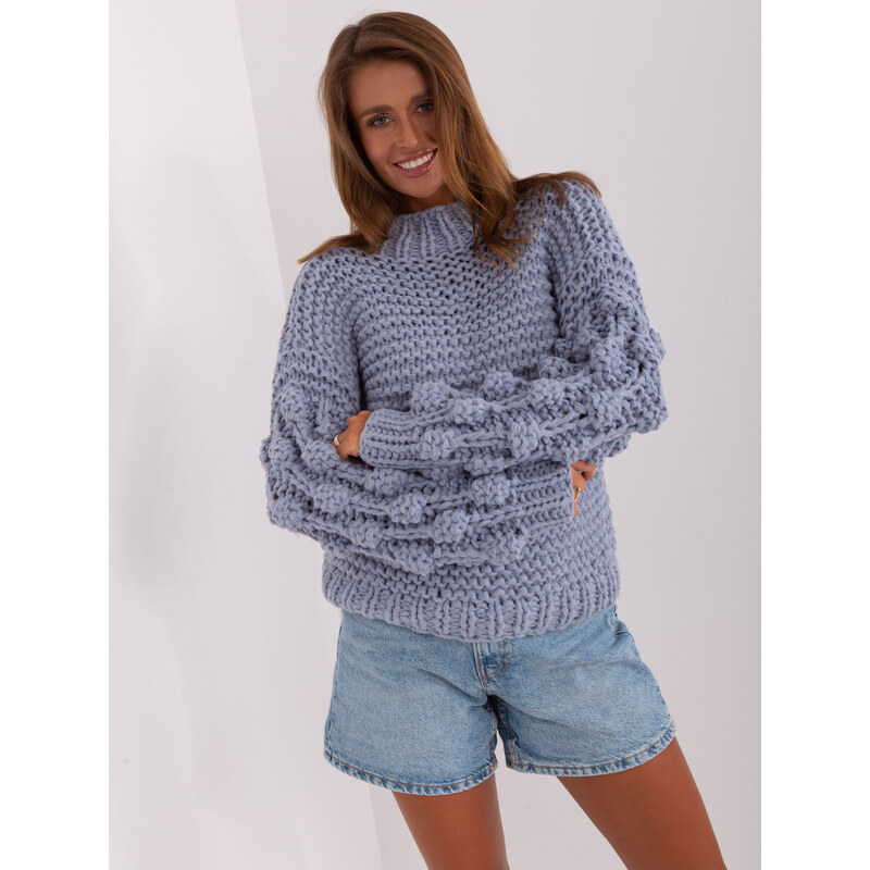 ITALY MODA Modrošedý svetr s nabíranými rukávy -grey-blue Šedá