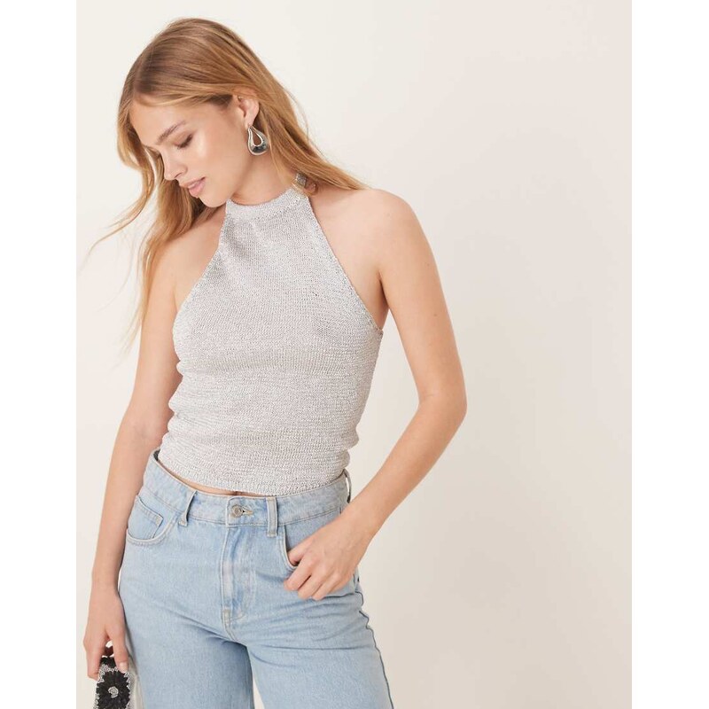 Mango fine knit halterneck top with metalic finish in sliver