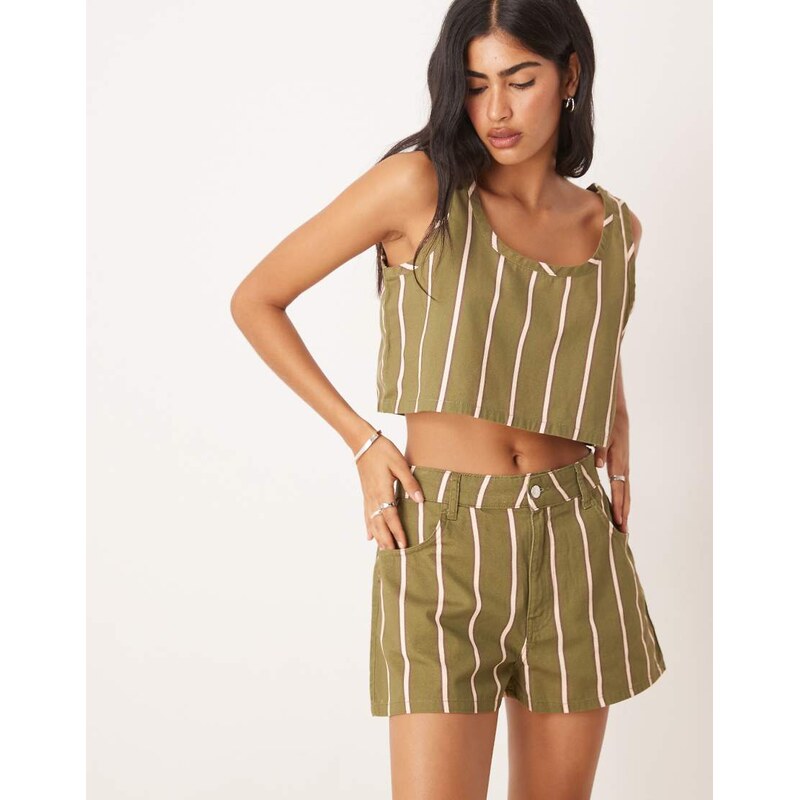 ASOS DESIGN denim cropped vest top in stripe co-ord-Green 114997225