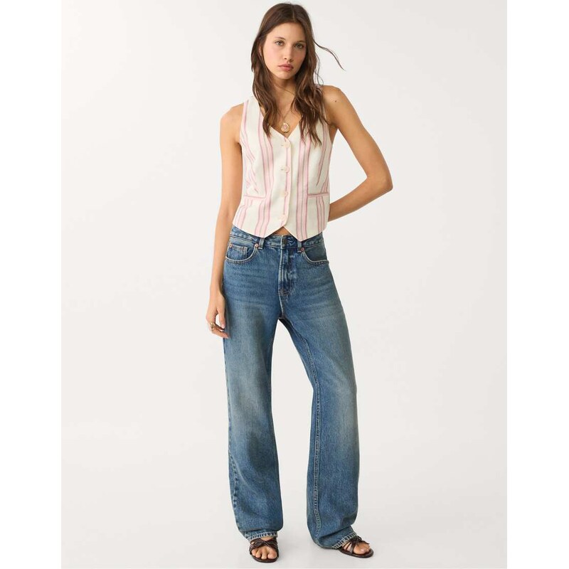 Stradivarius D92 straight wide leg jeans in very dark/rinse wash blue 106852968