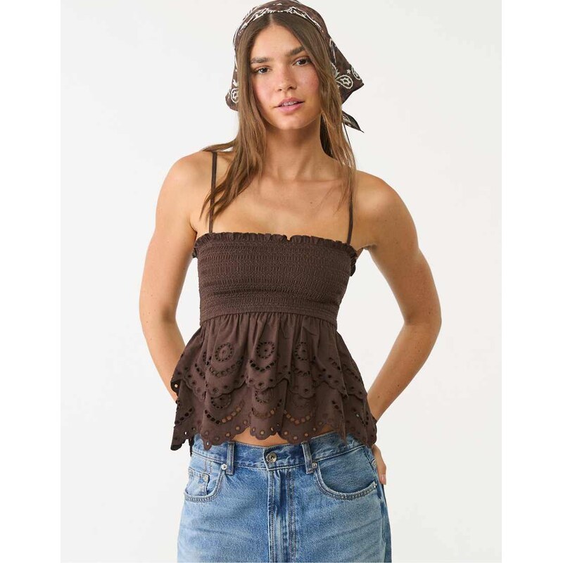 Stradivarius embroidered ruffled top in brown 106852999