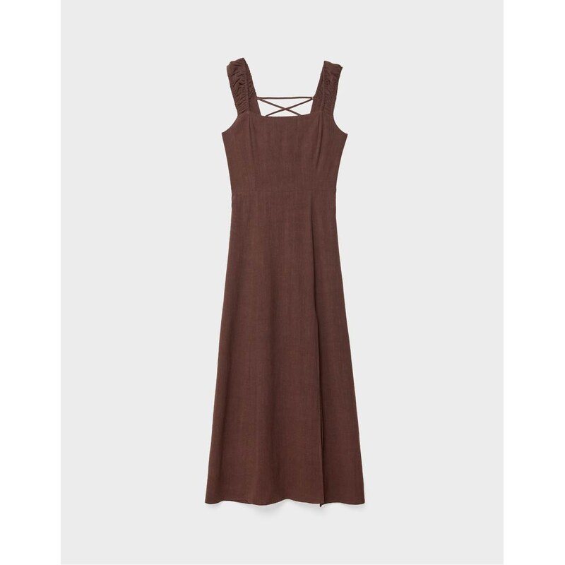 Stradivarius linen mix maxi dress with crossed back in brown 106853260
