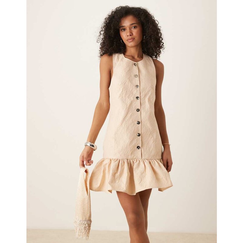 Ghospell ruffle hem jacquard mini dress in taupe-Neutral