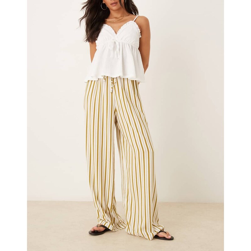 ASOS DESIGN linen blend pull on trouser in olive pinstripe-Green 106852932
