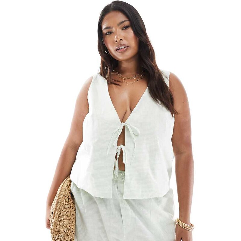ONLY Curve tie front vest co-ord in green gingham