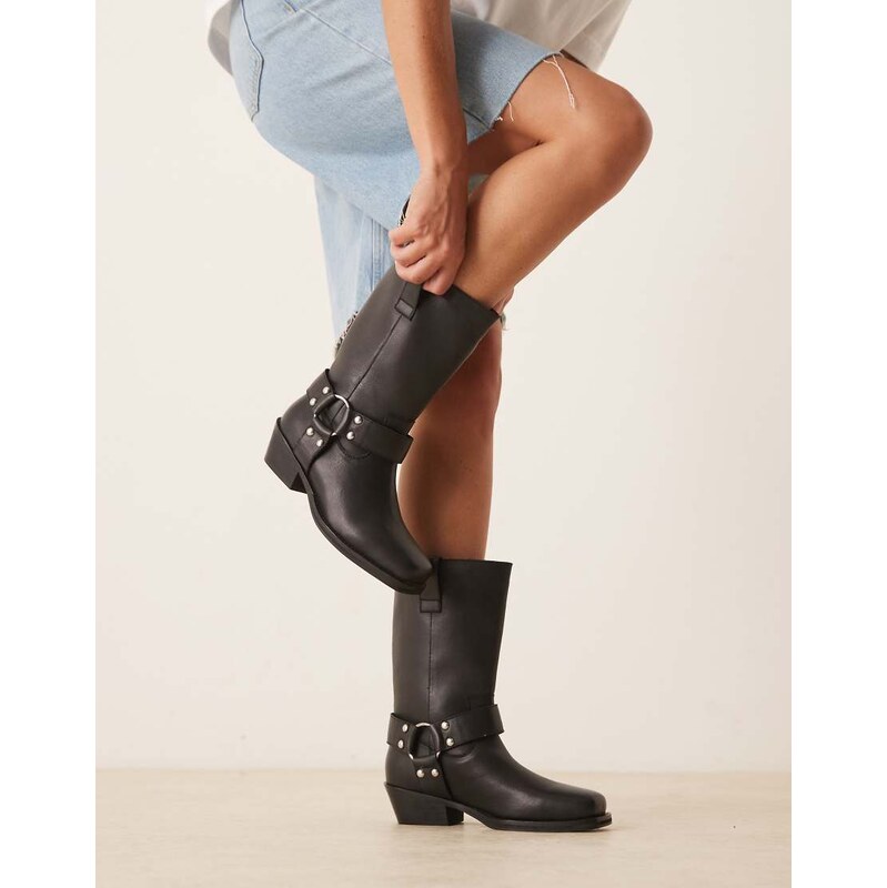 ASOS DESIGN Cyrus leather harness knee boot in black