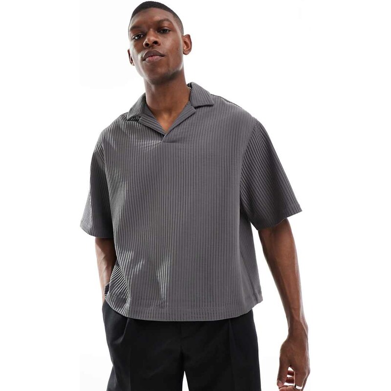 ASOS DESIGN boxy oversized overhead plisse shirt in charcoal