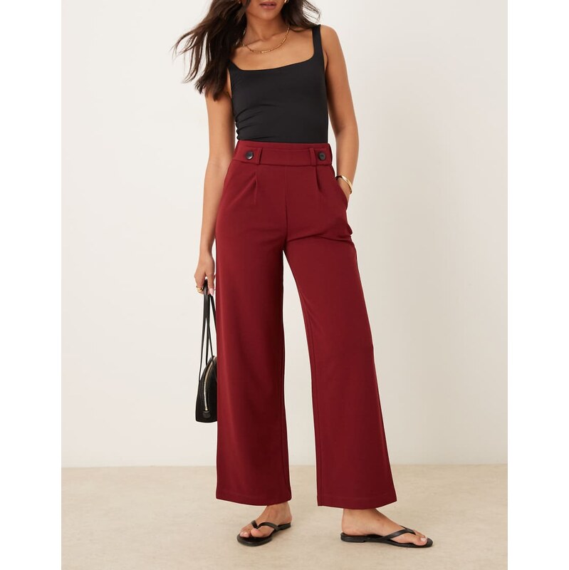 JDY button detail wide leg dad trousers in burgundy-Red