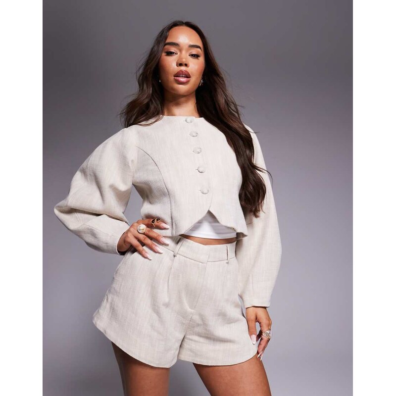 River Island collarless puff sleeve blazer in cream-White 106860820