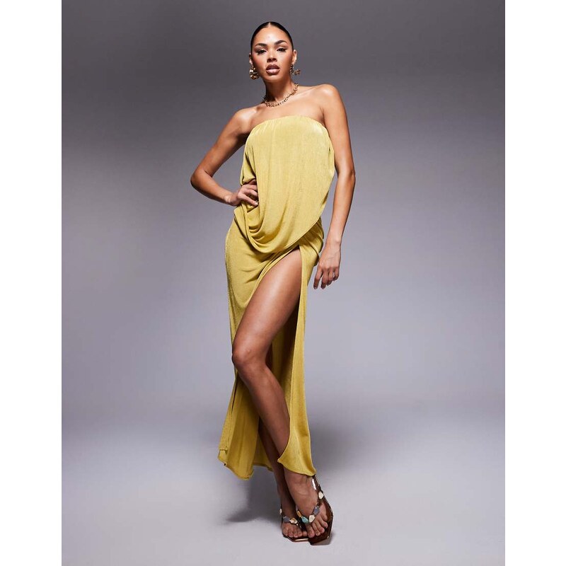 ASOS DESIGN slinky pleat detail bandeau maxi dress with drape