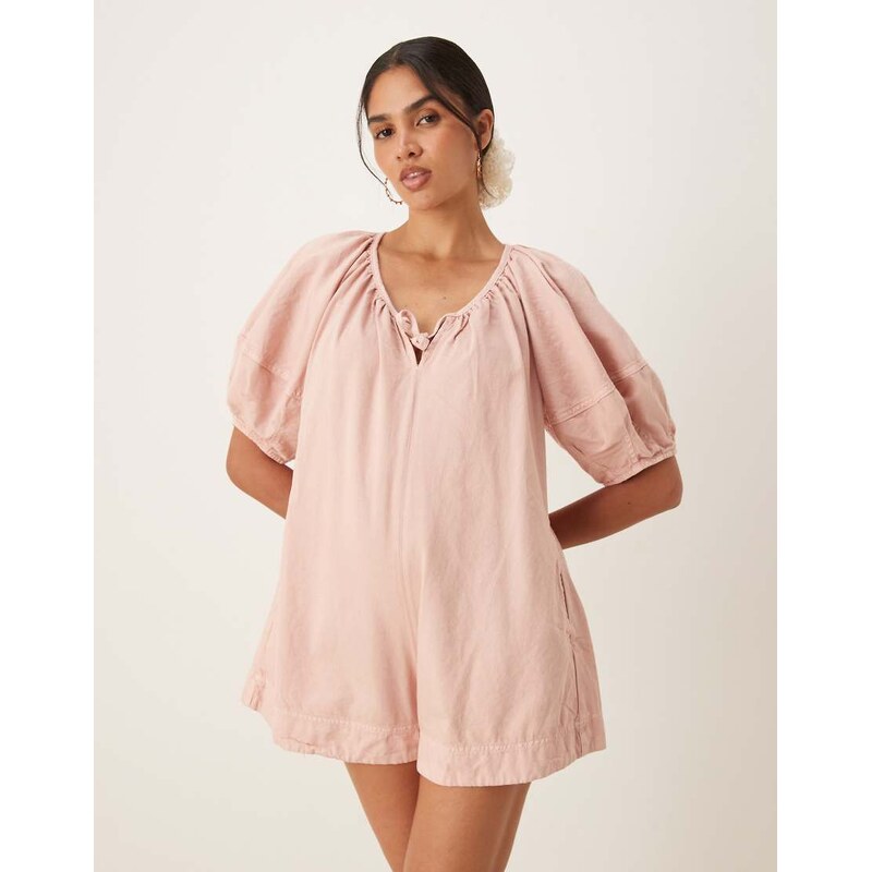 ASOS DESIGN soft denim playsuit with balloon sleeves in pink 106860848