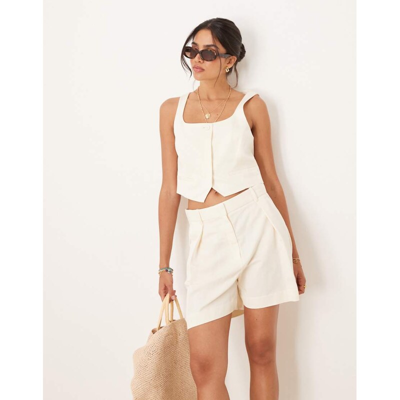 Mango cotton mix low square neck cropped waistcoat co-ord in white 109773916