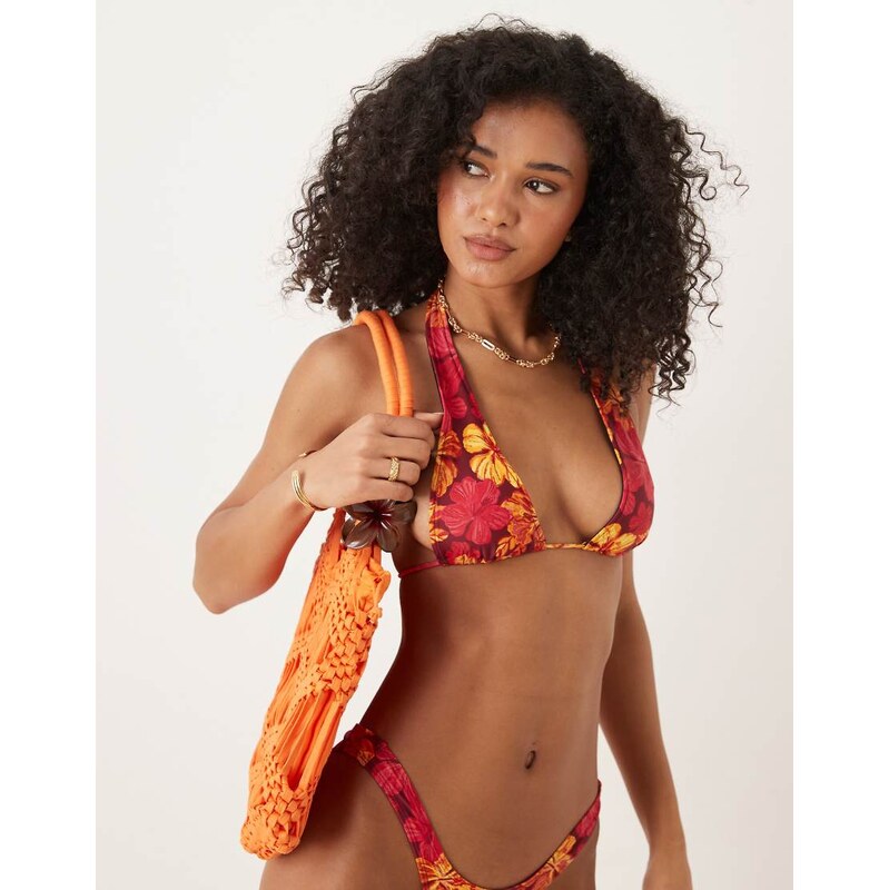 Motel cerry sketchy hibiscus print bikini top in burgundy orange