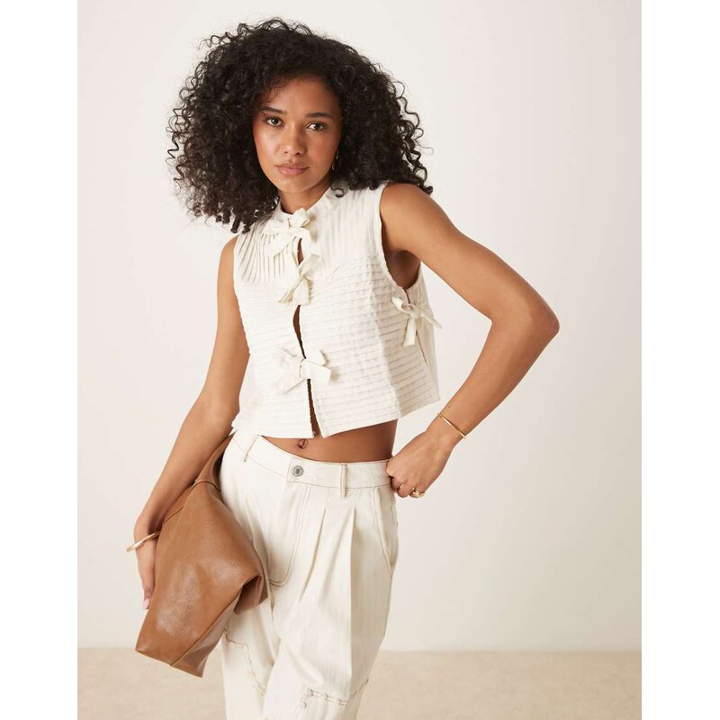 Ghospell bow top co-ord in cream-White 106860922
