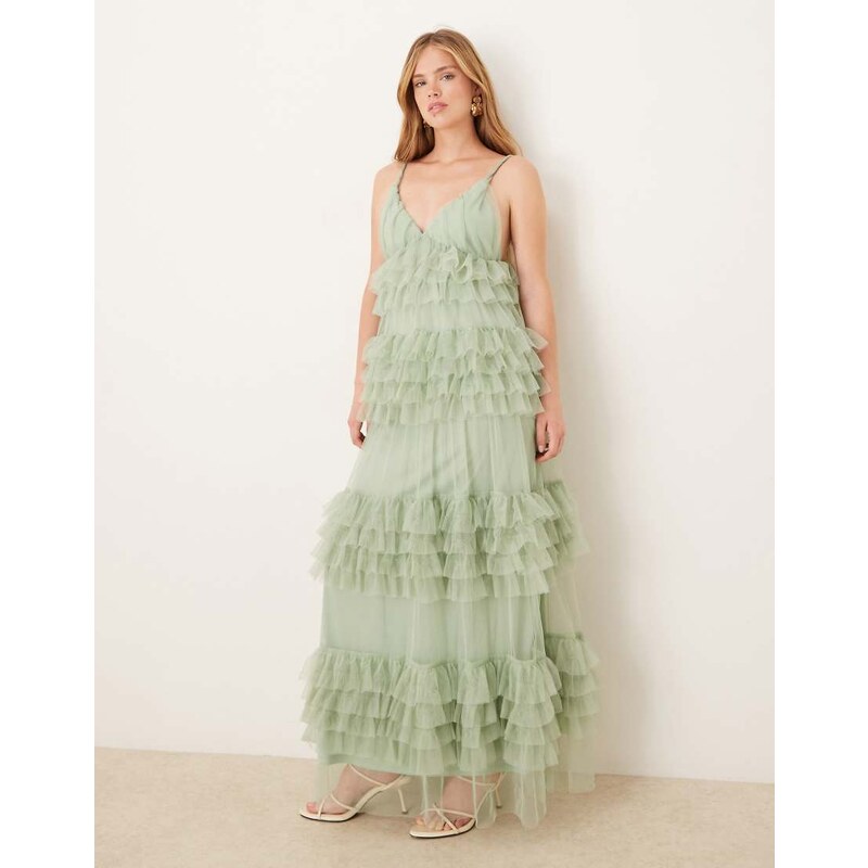 YAS statement tiered tulle maxi dress in sage green 106860944