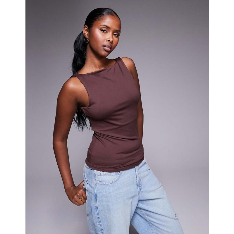 River Island asymmetric neck detail top in brown 106871038