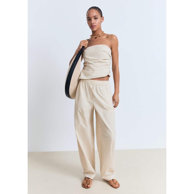 Mango elasticated waist paperbag trouser co-ord in ivory-Neutral 106861044