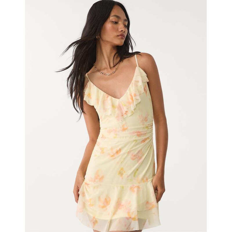 Stradivarius mini printed tulle dress with ruffles in gold-Yellow 106861036