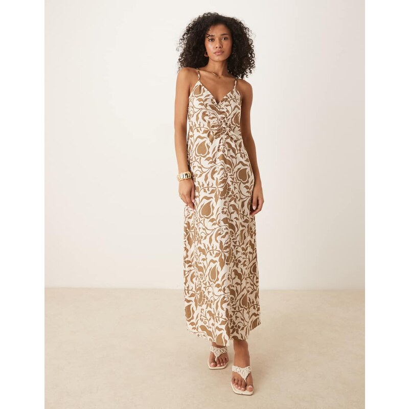 YAS ruched detail midi dress in brown floral 106871046