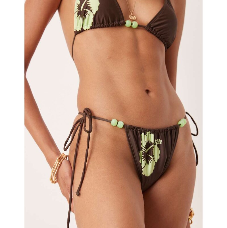 Motel leyna hibiscus print tie-side bikini briefs in brown