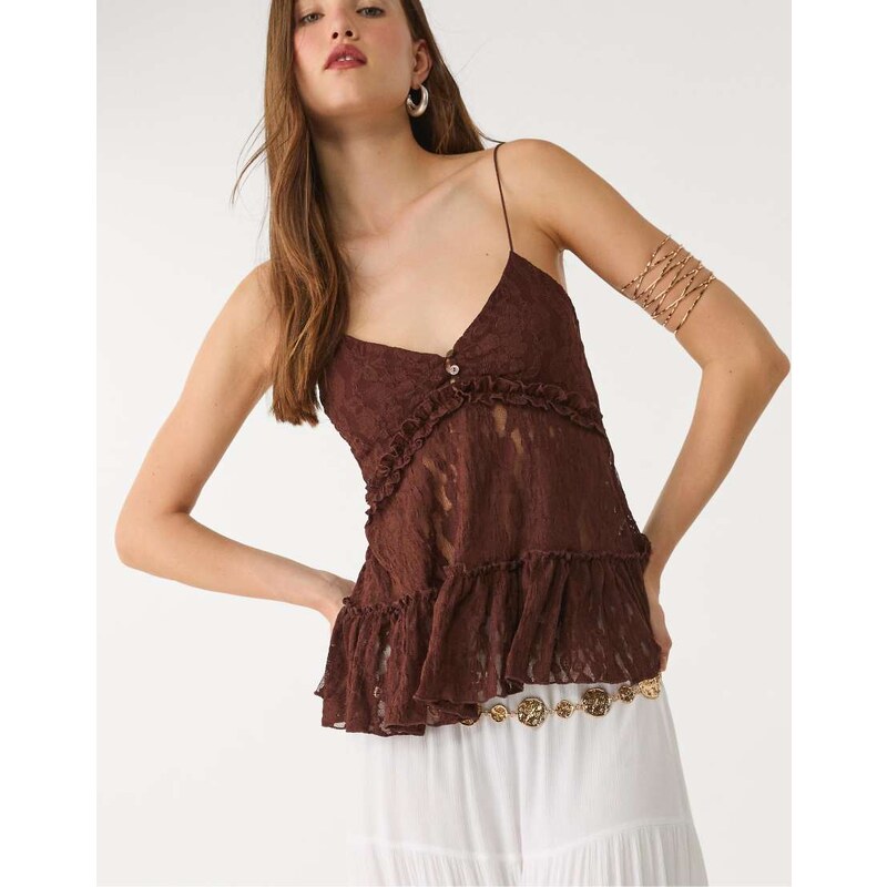 Stradivarius blonde lace top with straps in brown 107830072