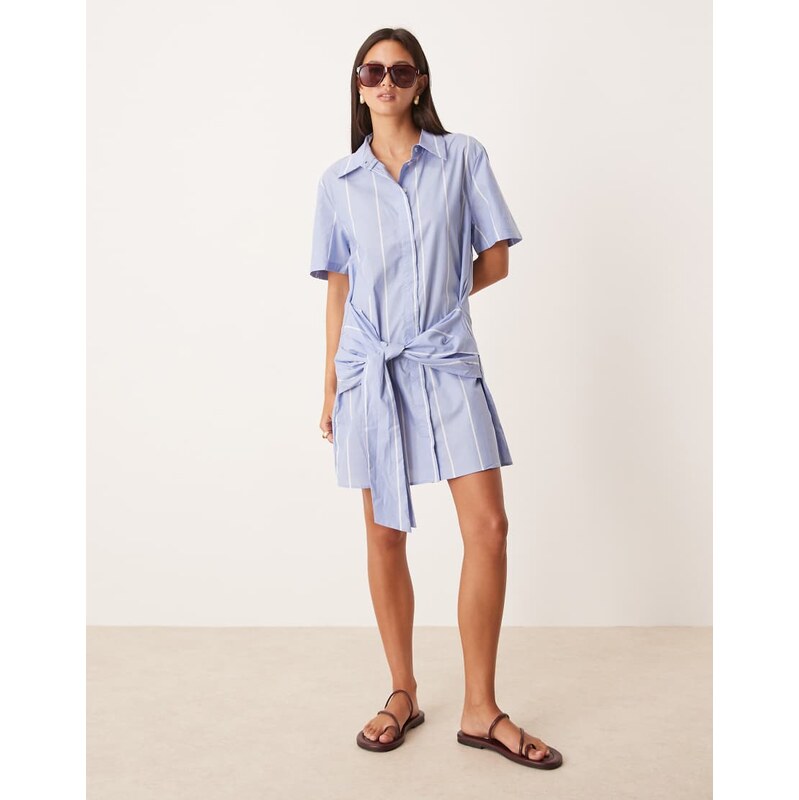 Mango cotton shirt dress with waist tie up in light blue stripe 106871126