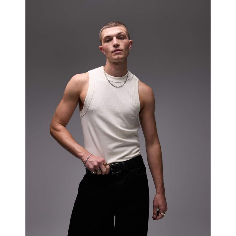 Topman high neck stripe rib vest in ecru-White