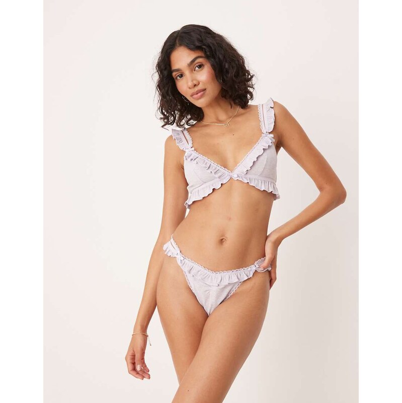 ASOS DESIGN Taylor rib soft bra and thong set in washed lilac-Purple 107025207