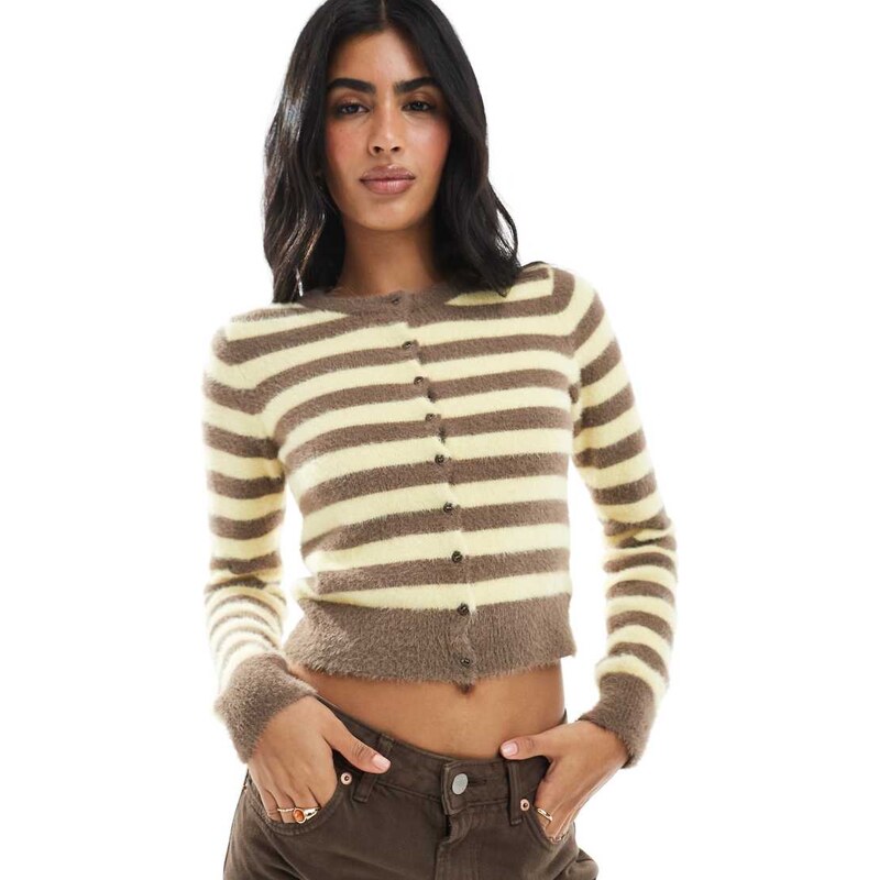 Daisy Street fluffy knit micro cardigan in yellow brown stripe