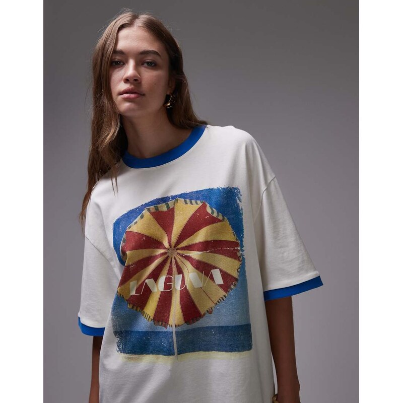 Topshop graphic laguna carosel contrast ringer oversized tee in ecru 106861997